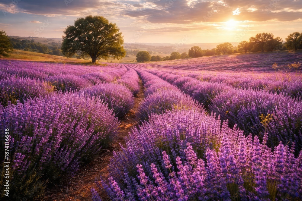 Obraz premium Wide lavender fields bursting with color on warm summer day