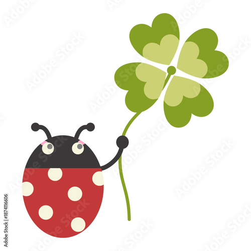 Cute ladybug holding a four-leaf clover Clipart.Lucky magical plant.Simple flat design.Symbol of traditional good luck charm.Cute green shamrock four leaf. Irish Celtic folk. Human made.Hand drawn.