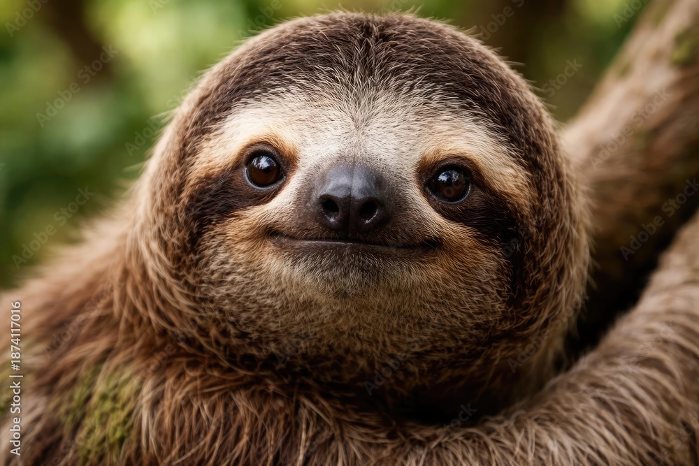 Fototapeta premium Zoomed in perspective of a Brown throated three toed sloth looking towards the camera