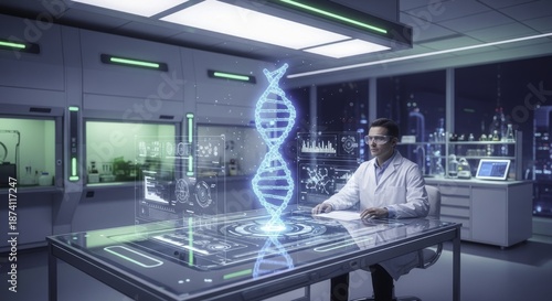 Male Scientist in Futuristic Lab Analyzing Holographic DNA and Genetic Data on Transparent Display Table, Showcasing Advanced Biotechnology Research