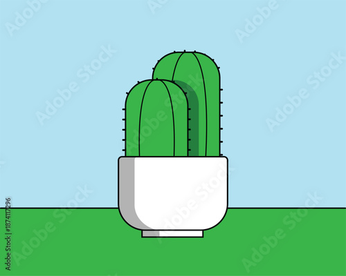 Minimal flat vector illustration of green cactus in white ceramic pot on pastel blue background, modern houseplant icon design for home decor, UI, app and web graphics