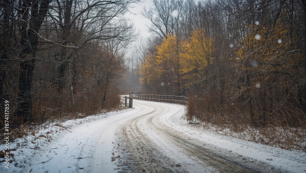 Obraz premium Frosted pathway amidst leafless trees during late autumn, illustrating seasonal change