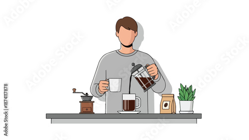 A crisp digital illustration portraying a person's morning routine, meticulously pouring freshly brewed coffee from a French press into a clean mug,
