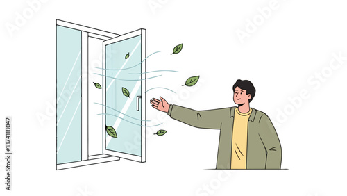 A person experiences the refreshing outdoor breeze carrying green leaves through an open window in an illustrative style