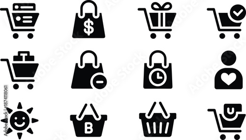 Black shopping cart and bag icon set for ecommerce retail checkout, online store actions and digital commerce symbols
