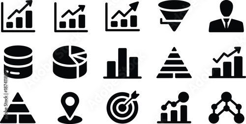 Business analytics and growth icon set featuring charts graphs funnels targets and performance metrics for modern data driven strategy