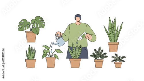 Dedicated individual nurturing vibrant potted indoor plants promoting home greenery and a peaceful living space with mindful watering and essential