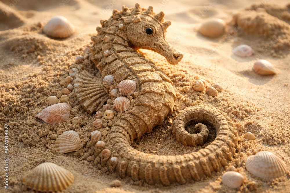 Obraz premium Detailed seahorse figure sculpted from sand with seashells on a light backdrop