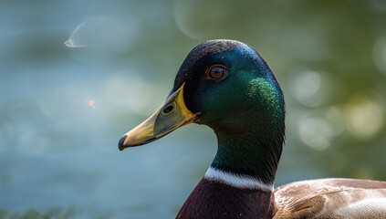 Mallard duck headshot highlighting vibrant feather coloration, useful for nature photography backgrounds