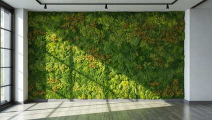 Interior office wall covered with green moss, highlighting sustainable decor choices, Earth Day