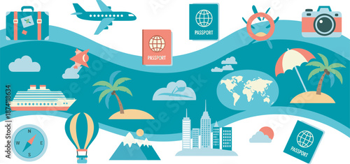 Flat travel concept with passport globe airplane suitcase and tropical beach vacation