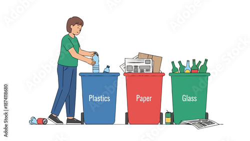 Individual sorts plastic into blue bin. Paper glass bins nearby. Promotes environmental care responsible waste management for a sustainable planet