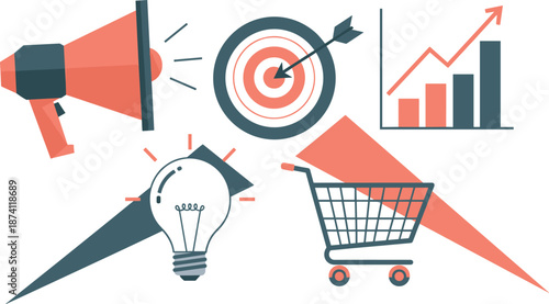 Hand pointing at target with dart and rising bar chart growth concept in flat bullseye