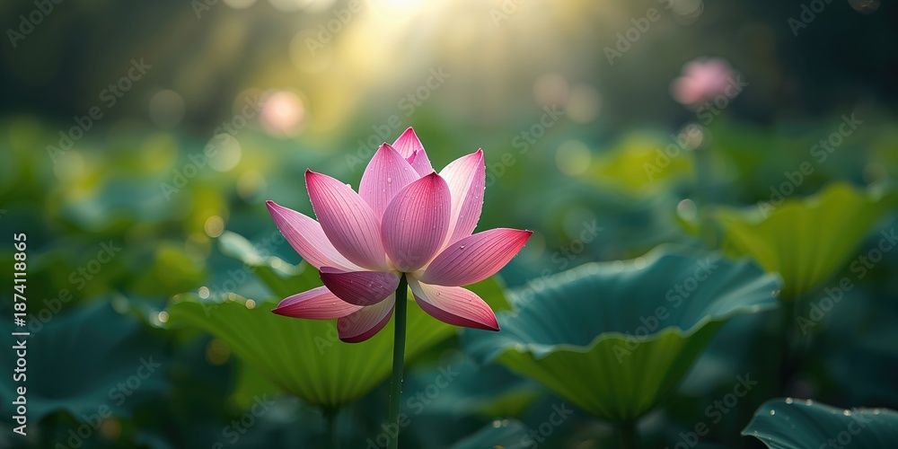 Fototapeta premium Pink lotus flower opening, highlighting aquatic plant growth for environmental awareness