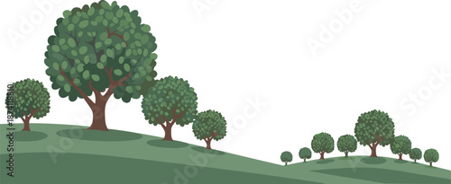 Row of stylized green trees with brown trunks on rolling grassy hill landscape