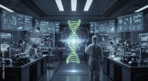 Scientist Interacting with Holographic DNA Double Helix in Futuristic Biotechnology Research Laboratory