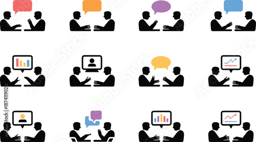 Business meeting and discussion icon set with analytics presentations, teamwork collaboration, corporate communication scenes for strategy planning illustration