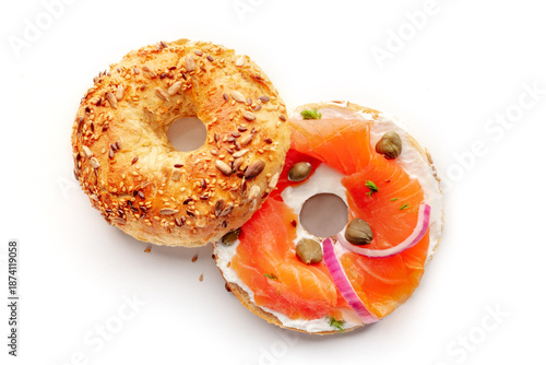 Wallpaper Mural Lox, smoked salmon, bagel, with cream cheese and onion, and capers, and dill, on a white background, isolated, overhead flat lay shot Torontodigital.ca