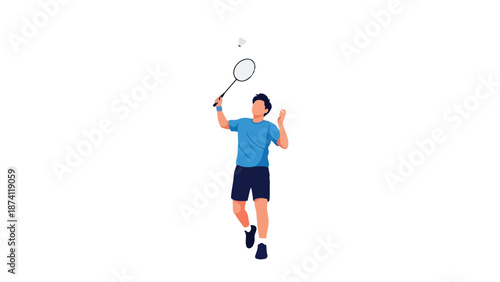 Dynamic illustration of an individual engaged in a lively badminton match, demonstrating athletic motion and focus on the airborne shuttlecock and