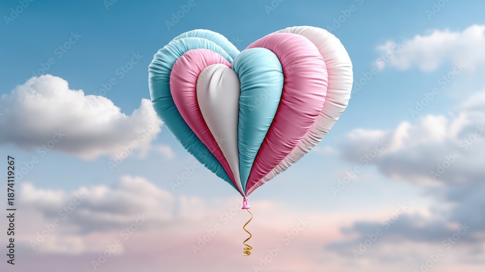 Fototapeta premium A colorful heart-shaped balloon floats against a serene sky, surrounded by fluffy clouds, evoking feelings of love and joy.