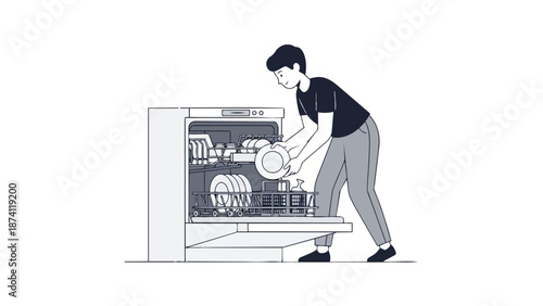 A person efficiently loading dirty dishes into an automatic dishwasher for cleaning, illustrating modern household chores and domestic