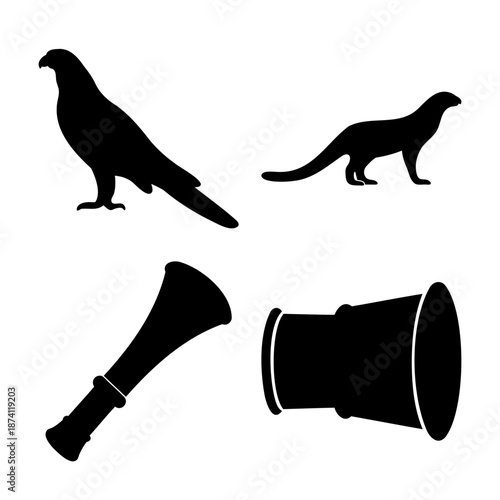 Various black silhouettes including majestic eagle, agile otter, traditional hunting horn, and modern megaphone