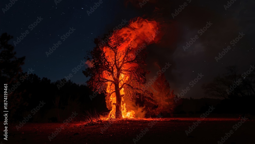 Fototapeta premium Wildfire engulfing a tree in intense red and orange flames, highlighting wildfire risk, Earth Day