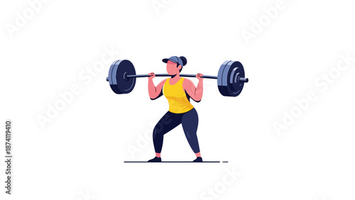 Dynamic vector illustration of a determined female athlete engaged in a demanding barbell squat exercise, symbolizing physical strength and an