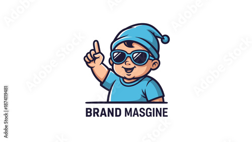 Cool cartoon baby character wearing sunglasses and a blue hat pointing upwards.