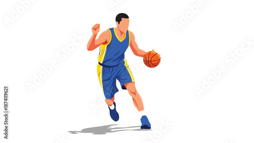 Dynamic vector graphic of a male basketball player dribbling, illustrating agile motion and competitive spirit in a vibrant uniform. Perfect for