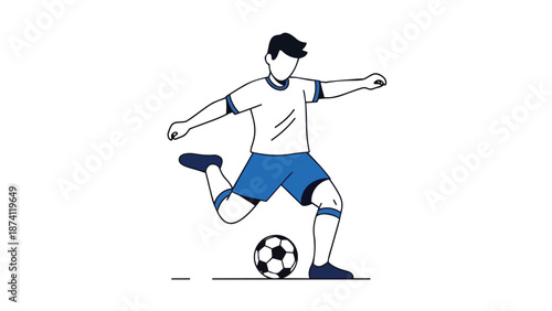 A dynamic line art illustration capturing a soccer player's powerful kick on a minimalist field, emphasizing athletic movement and the excitement of