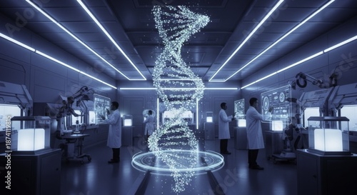 Futuristic Biotechnology Lab with Scientists Studying Luminous Holographic DNA Double Helix Display