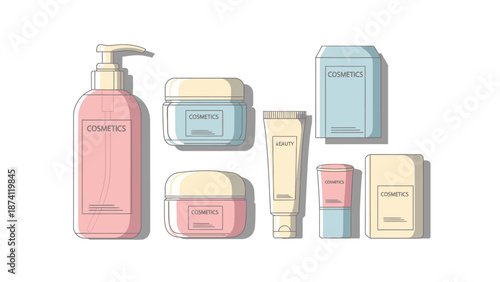 Collection of various cosmetic products including lotion, cream jars, tubes, and boxes.