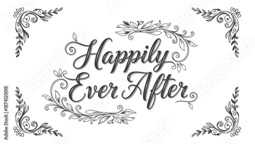 Elegant decorative frame with calligraphy text happily ever after.