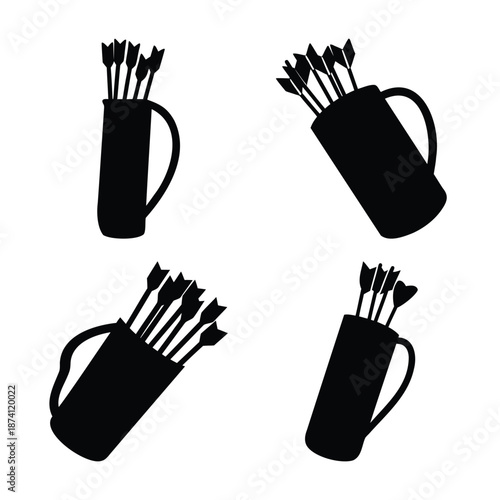 Collection of black silhouette quivers filled with arrows, including classic and heart-tipped designs