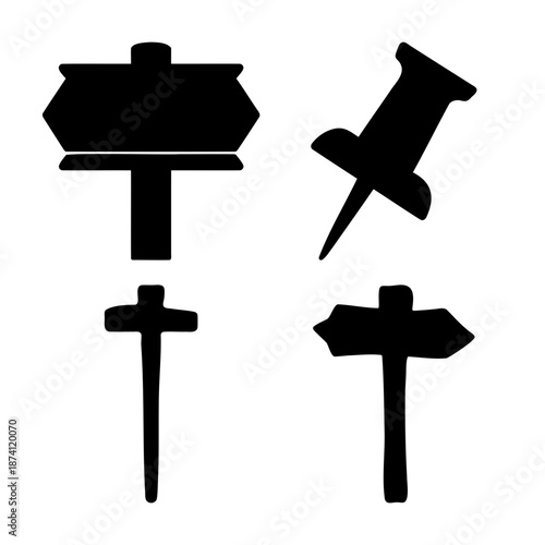 Diverse collection of signpost, arrow, and pushpin silhouettes for directional design