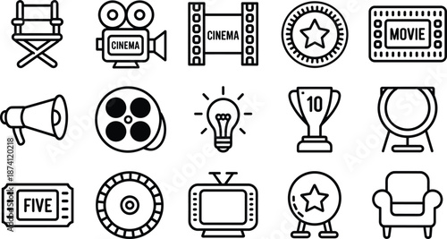 Cinema and Movie Icon Set with Film Camera Tickets Awards Television and Entertainment Symbols Outline Vector Design Collection