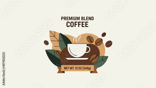 Premium blend coffee cup with coffee beans and leaves illustration.