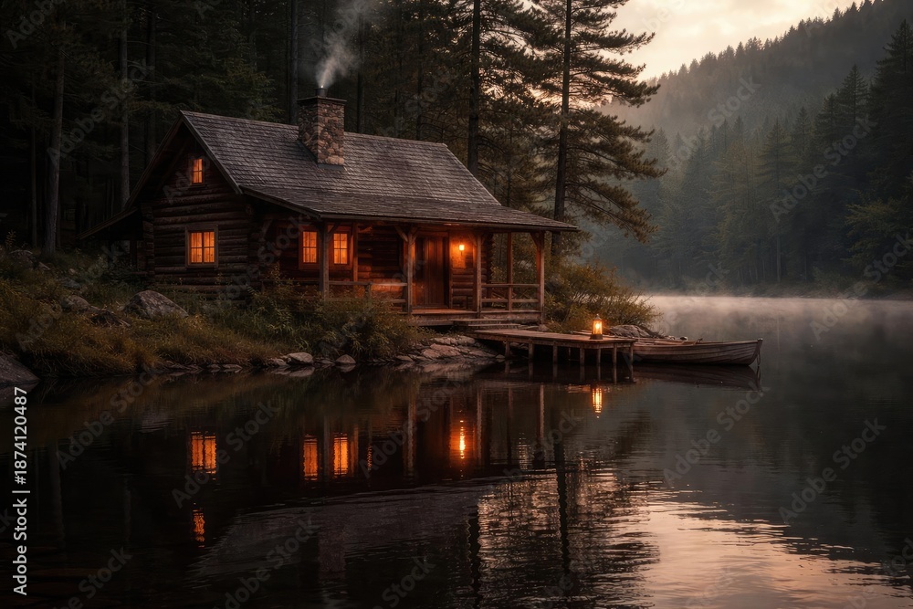 Fototapeta premium Old fashioned photo capturing a rustic home by a still lake environment