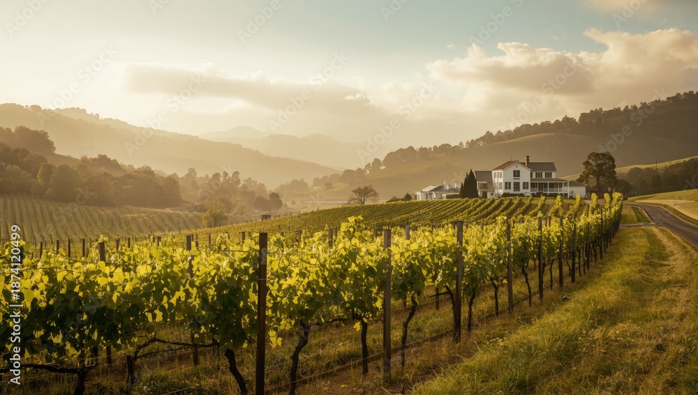 Fototapeta premium A lush vineyard with budding grapes and green foliage in spring highlighting crop growth stages