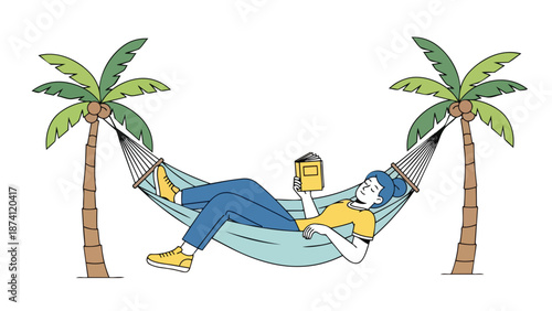 Illustrative scene of a person leisurely reading a book in a hammock, suspended between two palm trees, evoking tropical relaxation and tranquil