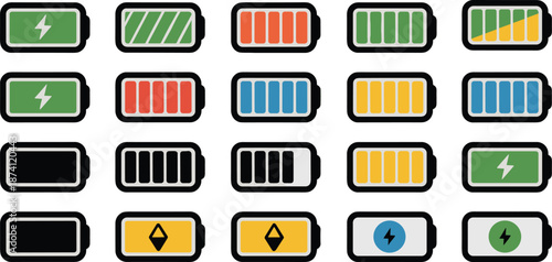 Colorful battery charge and power indicator icon set showing energy levels charging status for mobile devices isolated on white background