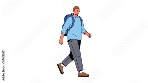 Illustrated depiction of a young man walking purposefully with a backpack, embodying daily routines, commuting, and modern urban exploration with a