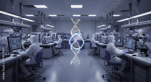 Scientists in Advanced Cleanroom Lab Analyzing Genomic Data with Holographic DNA Visualization and High-Tech Equipment for Biotechnology Research