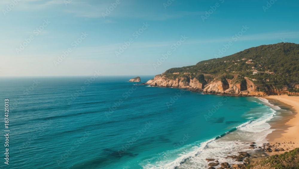 Fototapeta premium Watsons Bay coastal landscape, rugged shoreline for UI backdrop, erosion vulnerability, summer season