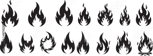 Black burning flame vector icon collection. Set of simple flat fire silhouettes, hot energy and blaze pictogram symbols isolated eps