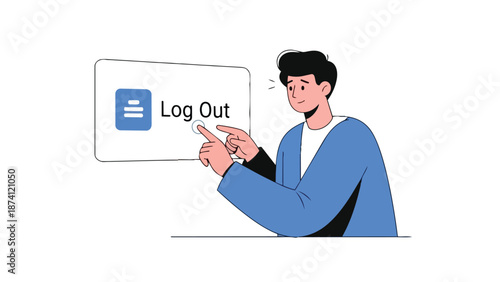 A stylized illustration depicts a person touching a log out button on a clean digital interface, symbolizing secure session termination and