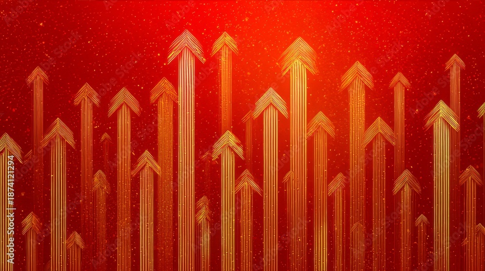 Fototapeta premium Dozens of golden upward arrows ascending dynamically against a vibrant red background with radiant glow, symbolizing growth, progress, and success in business, finance, or personal achievement.