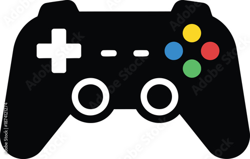 A modern black video game controller silhouette with colorful buttons on a white background