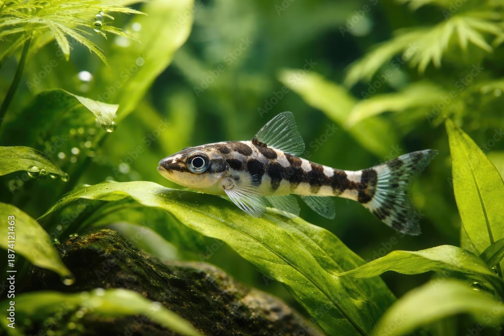 Fototapeta premium Zebra Otocinclus pet fish exploring aquatic plants
